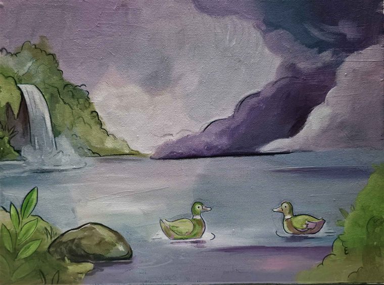 Hand-painted scene of a lake with ducks and a waterfall